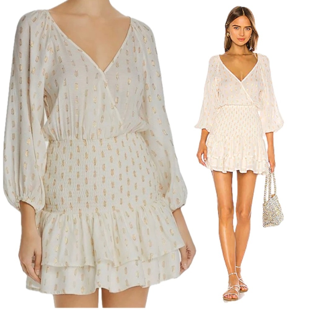 Revolve Suboo Metallic Gold Cream Puff Sleeve Shirred Ruffle V Neck Mini Dress